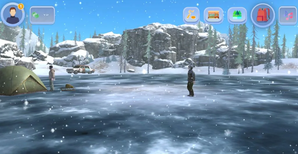 Winter angler camp on the ice in the Ice Fishing game