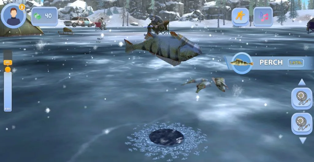A caught perch rising from the ice hole in the Ice Fishing game
