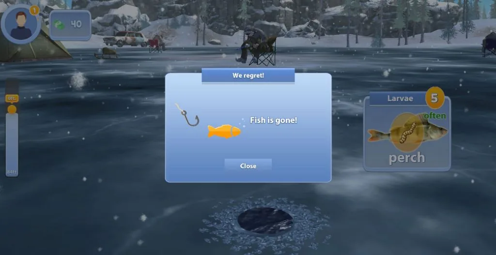 A message about a fish slipping away in the Ice Fishing demo